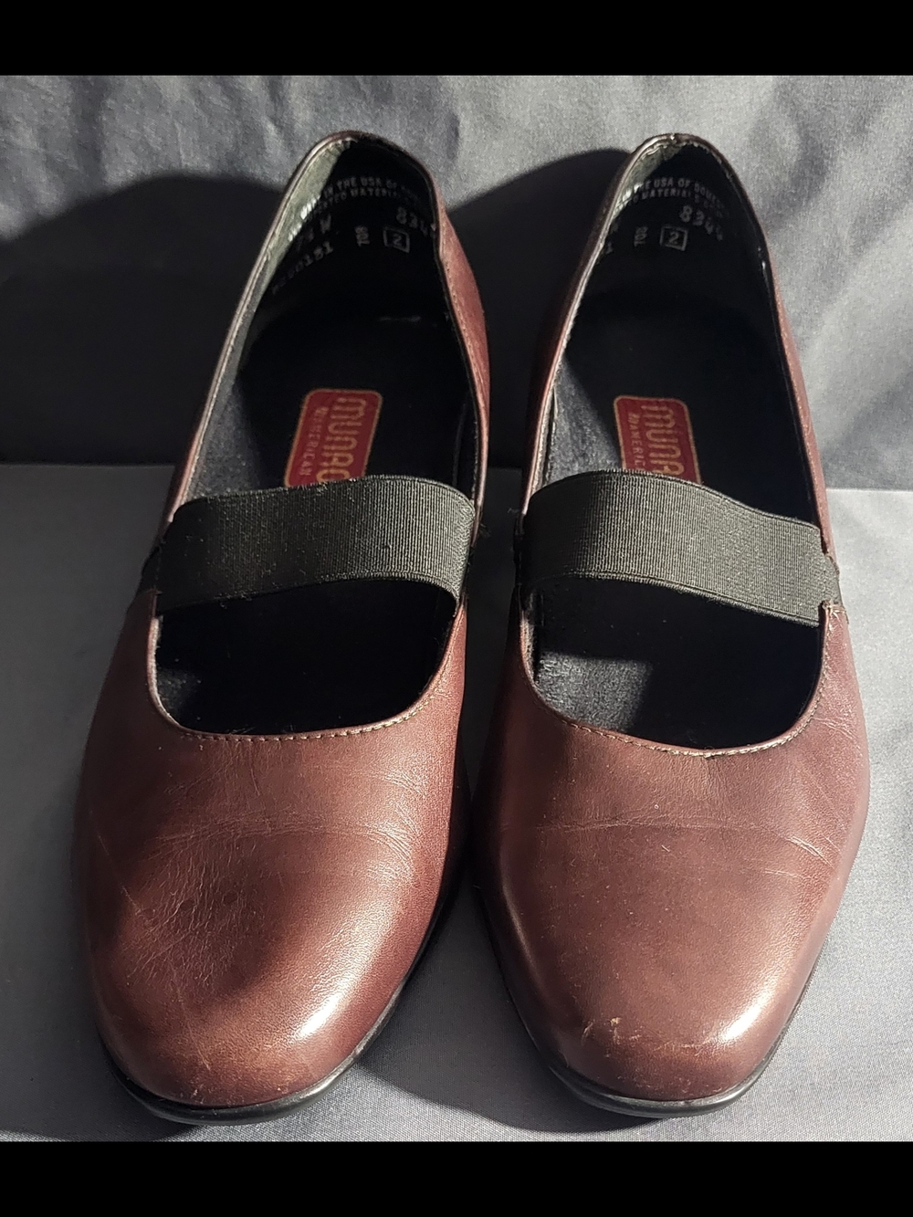 Munro Brown Leather Mary Jane Flats with Black Elastic Strap